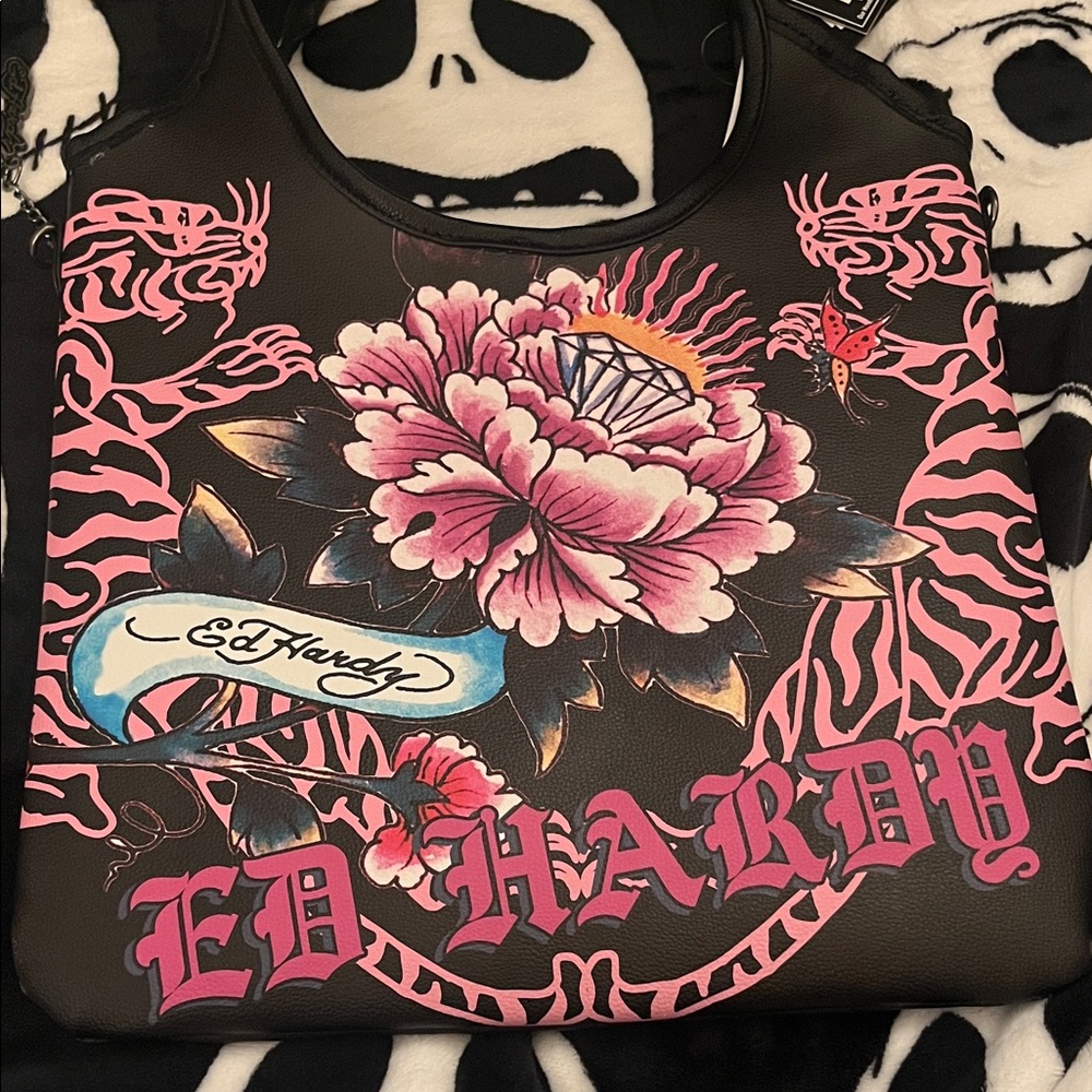 Ed Hardy Floral Black and Pink Shoulder Bag